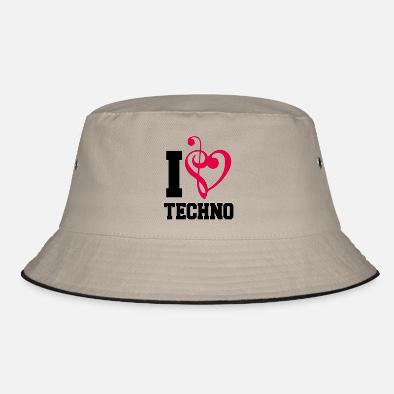 I Love Techno Musik Musiknote Liebe Herz Bass Note Bucket Hat