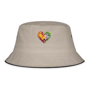 Blütenherz in Regenbogenfarben - Blumenpracht - Bucket Hat - Khaki/Schwarz - Vorne