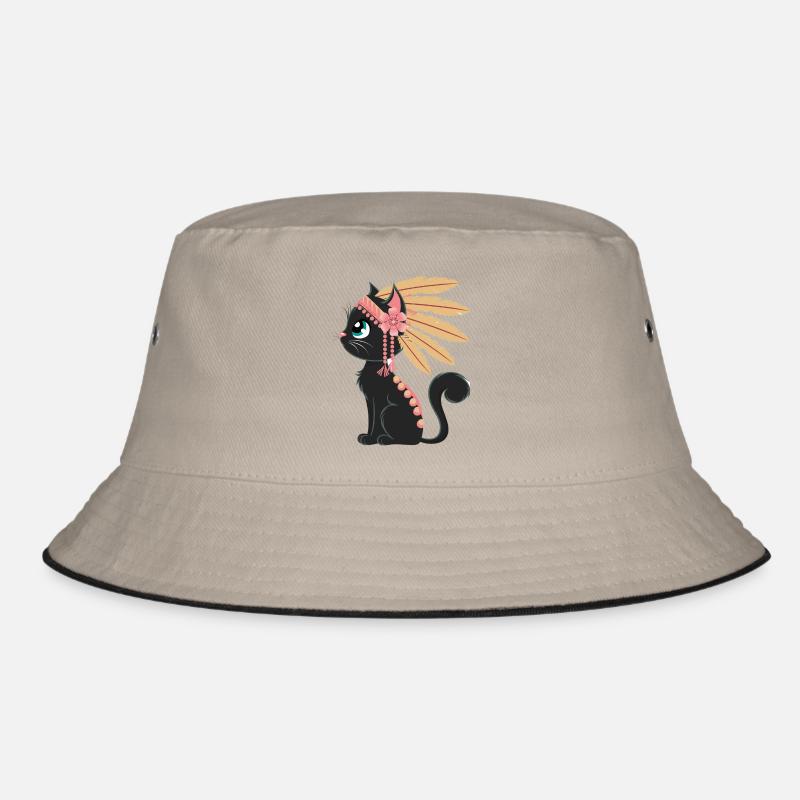 Boho Feather Cat - Bucket Hat - khaki/black