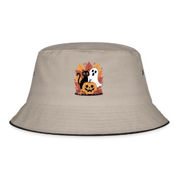 Geist Kürbis Katze Niedliches Halloween Herbst - Bucket Hat - Khaki/Schwarz - Vorne