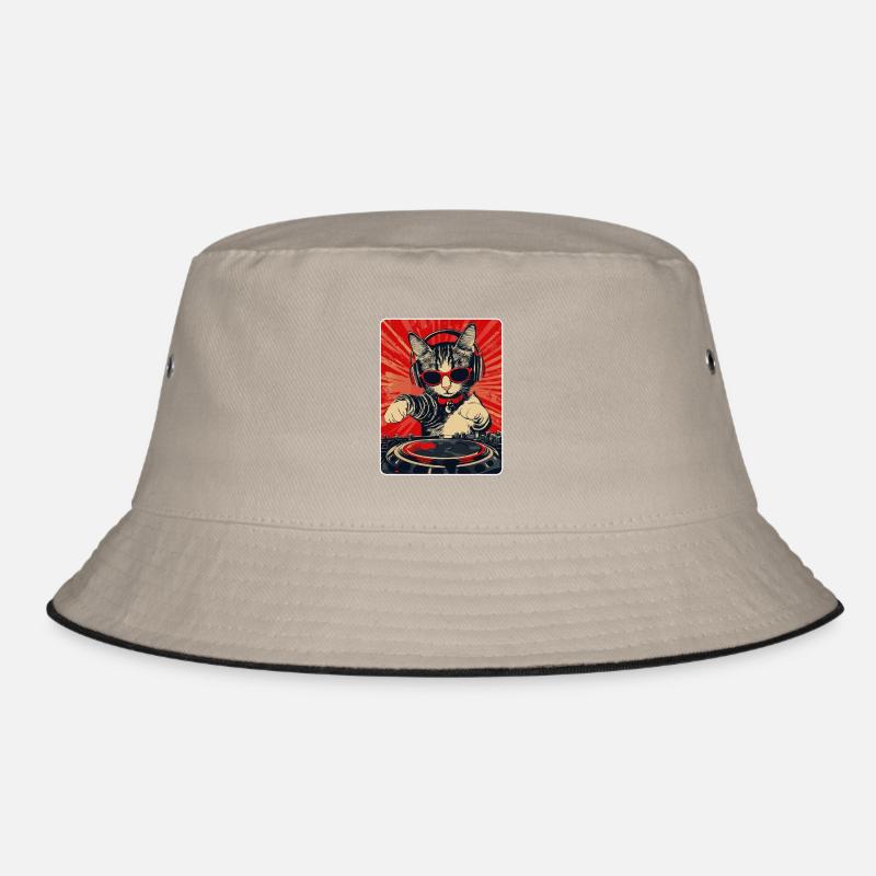 Coole DJ Katze mit Sonnenbrille - Bucket Hat - Khaki/Schwarz