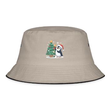 Pinguin schmückt Weihnachtsbaum - Bucket Hat - Khaki/Schwarz - Vorne