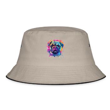 Lebendiges Mops-Splash-Porträt - Bucket Hat - Khaki/Schwarz - Vorne