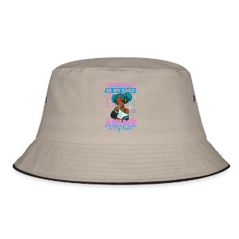 Anime and Music Chibi Black Girl - Bucket Hat - Khaki/Schwarz - Vorne