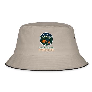 Camp More Worry Less – Retro Camping Abzeichen - Bucket Hat - Khaki/Schwarz - Vorne