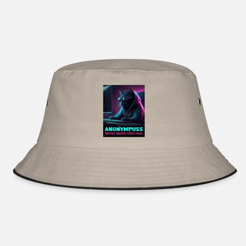 Anonympuss Cat Hacker Lustiges Bild Katze Meme - Bucket Hat - Khaki/Schwarz