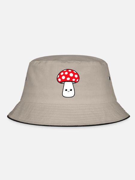 Pilz Glücklich Niedlich Lächelnd Gesicht Kawaii - Bucket Hat - Khaki/Schwarz - Vorne