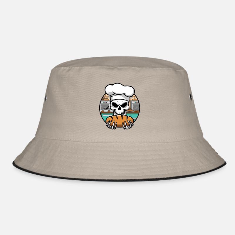 Lustiger Bäcker Skull mit Brot. Alter Mann backt Bucket Hat