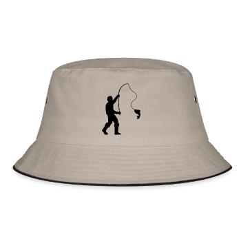 Fischer mit Angelrute und Fisch - Bucket Hat - Khaki/Schwarz - Vorne