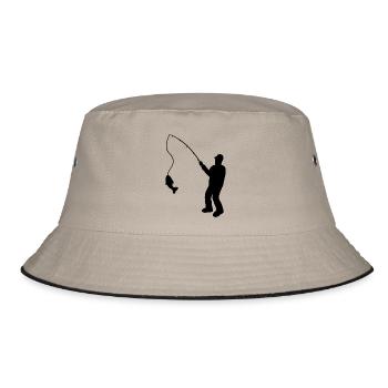 Fischer mit Angelrute und Fisch - Bucket Hat - Khaki/Schwarz - Vorne