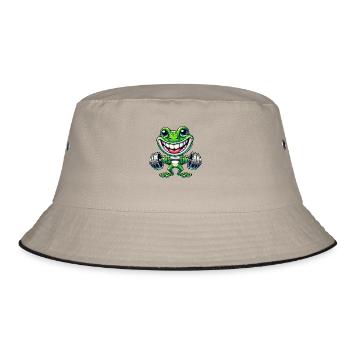 Funny Frog Weightlifting Dumbbell Cartoon - Bucket Hat - khaki/black - Front