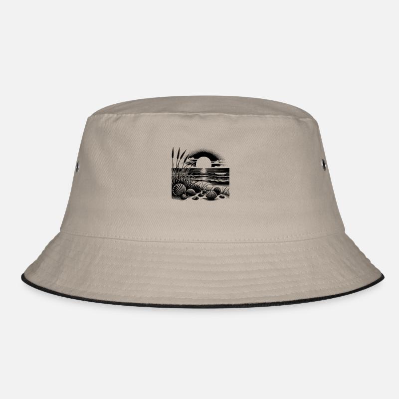 Shells and grass beach motif with sunset Bucket Hat