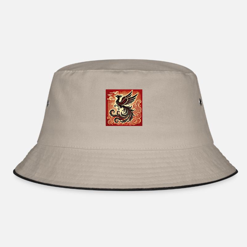 Black Phoenix on Red and Gold Background - Bucket Hat - khaki/black