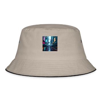Futuristic Neon Cityscape: A Vibrant Vision - Bucket Hat - khaki/black - Front