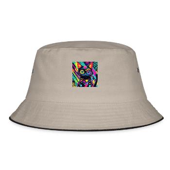 neonfarbener Cartoon-Stil Katze Hund Kunst Design cool - Bucket Hat - Khaki/Schwarz - Vorne