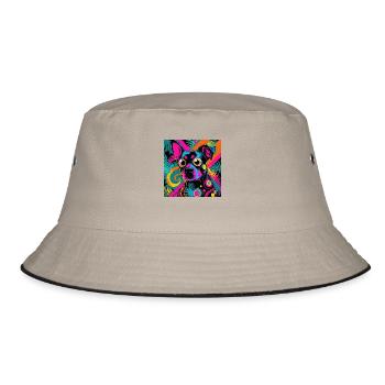 neonfarbener Cartoon-Stil Katze Hund Kunst Design cool - Bucket Hat - Khaki/Schwarz - Vorne