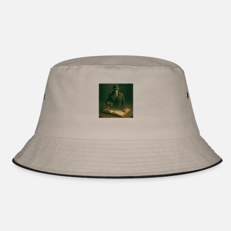 Hauptfigur eines Kriminalromans klettert aus dem Buch Bucket Hat