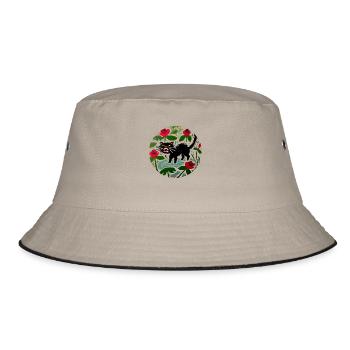 Schwarze Katze & Mohnblumen - Bucket Hat - Khaki/Schwarz - Vorne