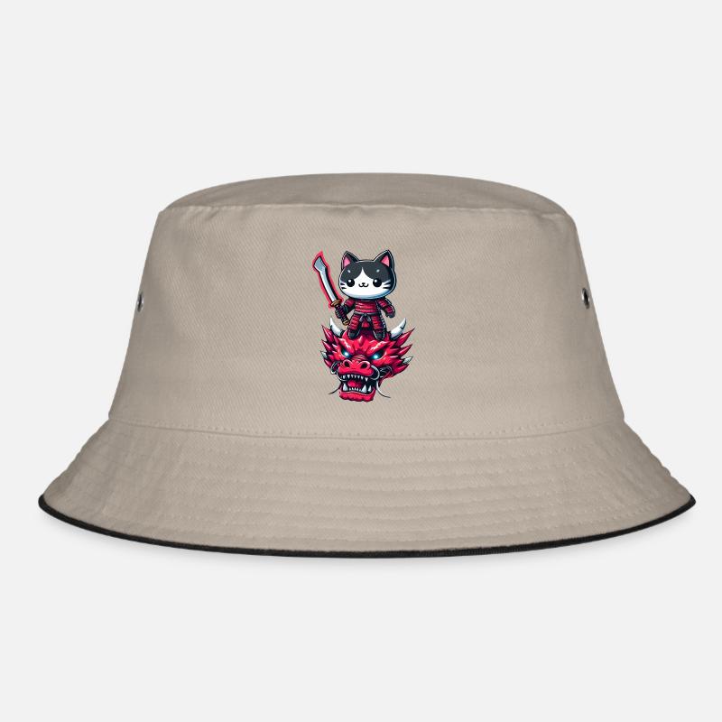 Samurai-Katze mit Schwert auf Drache in epischem 3D-Effekt Bucket Hat