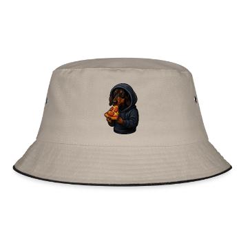Dackel im Hoodie beim Pizzaessen - Bucket Hat - Khaki/Schwarz - Vorne