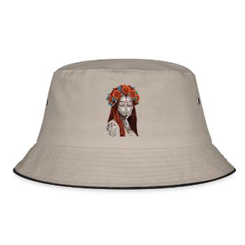 Blumen Zucker Schädel Porträt - Bucket Hat - Khaki/Schwarz - Vorne