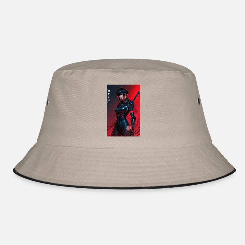 Red Wired Cyberpunk Samurai with Katana Bucket Hat