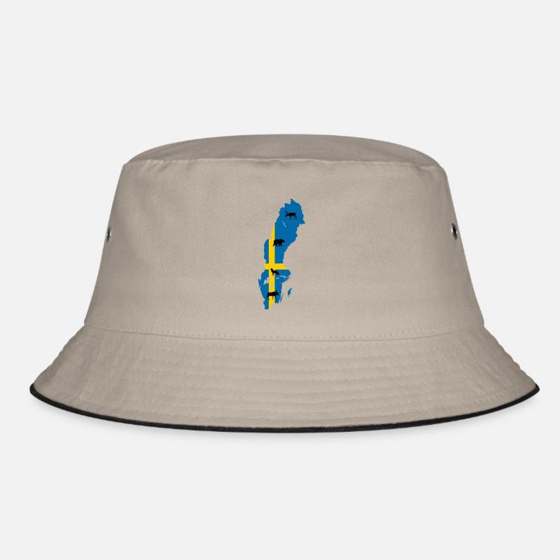 Sweden Outline Card Moose Wolf Bear Reindeer Flag - Bucket Hat - khaki/black