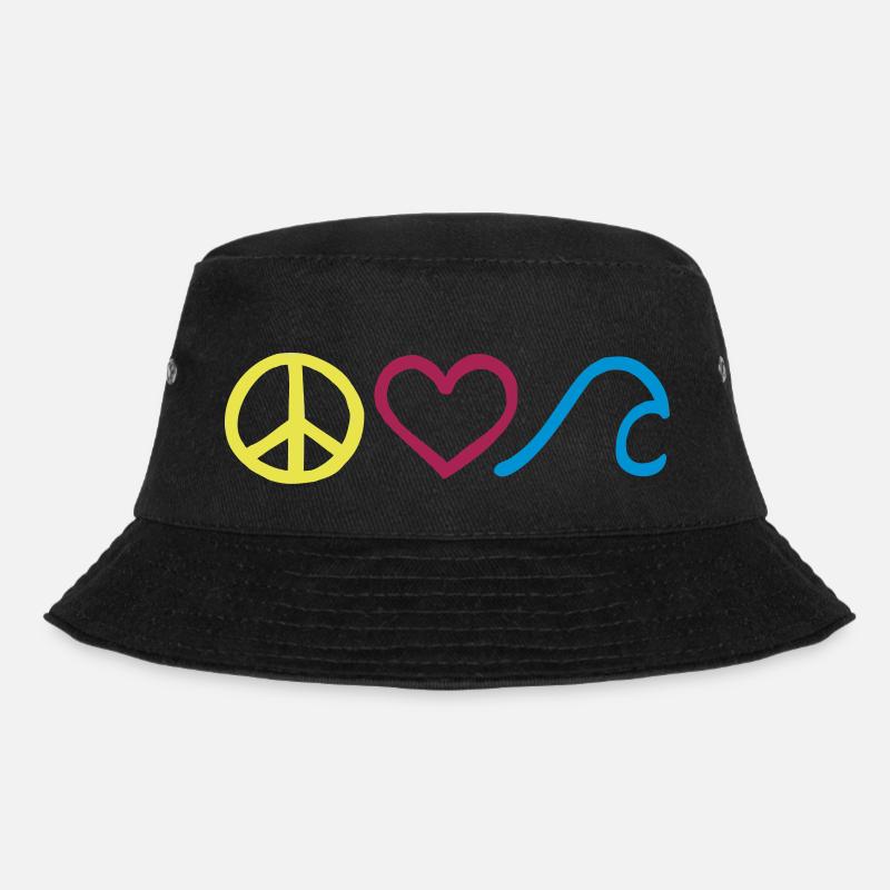 Peace • Love • Surf • Symbole horizontal - Bucket Hat - Schwarz