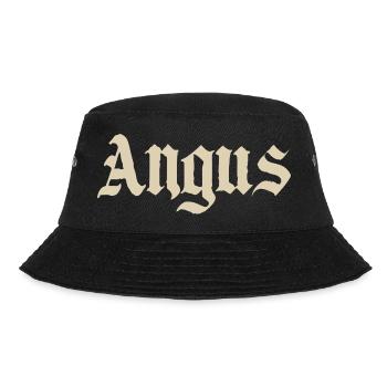 Angus Gothic Schriftzug – Vintage Stil - Bucket Hat - Schwarz - Vorne - Lela (165cm)