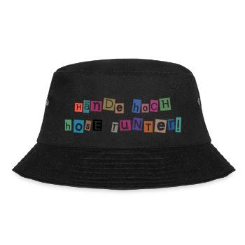 Hände hoch – Hosen runter! Freches Collagen-Design - Bucket Hat - Schwarz - Vorne - Lela (165cm)
