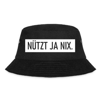 Nützt ja nix - Ostfriesische Antwort auf Alles - Bucket Hat - Schwarz - Vorne - Lela (165cm)