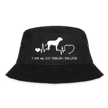 Old English Bulldog mit Herzschlag - Bucket Hat - Schwarz - Vorne - Lela (165cm)