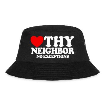 Liebe deinen Nächsten – ohne Ausnahme. Christliche - Bucket Hat - Schwarz - Vorne - Lela (165cm)
