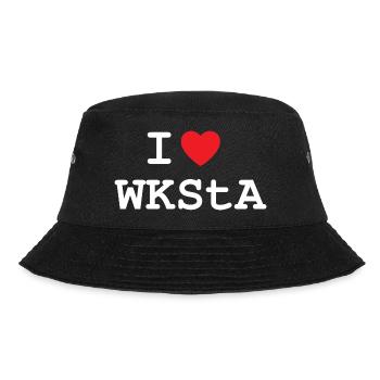 I LOVE WKSTA T-Shirt Design in Weiß - Bucket Hat - Schwarz - Vorne - Lela (165cm)