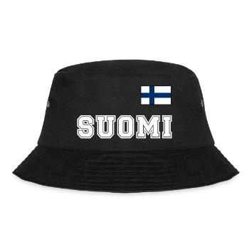FINNLAND - SUOMI Trikot Look - Flagge auf Brust - Bucket Hat - Schwarz - Vorne - Lela (165cm)