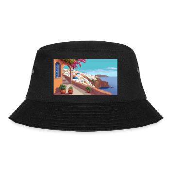 Oia, Santorini, Greece - Pixel Art - Bucket Hat - black - Front - Lela (165cm)