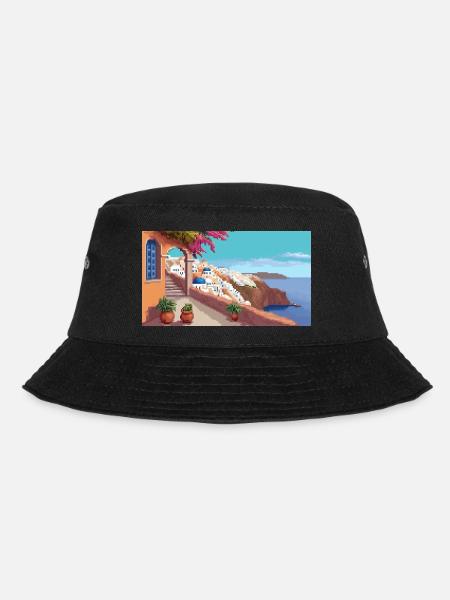 Oia, Santorini, Griechenland - Pixel Art - Bucket Hat - Schwarz