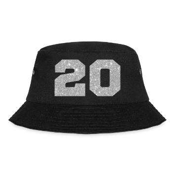Nummer 20 Silberglitter - 20-jähriges Jubiläum - Bucket Hat - Schwarz - Vorne - Lela (165cm)
