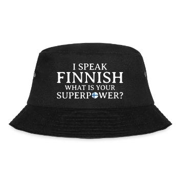 Ich spreche Finnisch, was ist deine Superkraft? - Bucket Hat - Schwarz - Vorne - Lela (165cm)
