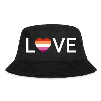 LOVE | Lesbian Pride | weiße Schrift - Bucket Hat - Schwarz - Vorne - Lela (165cm)