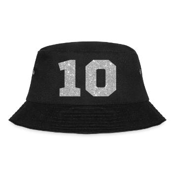 Nummer 10 Silberglitter - 10-jähriges Jubiläum - Bucket Hat - Schwarz - Vorne - Lela (165cm)