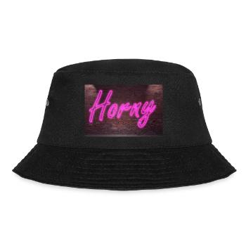 Leuchtreklame Horny an Ziegelsteinmauer - Bucket Hat - Schwarz - Vorne - Lela (165cm)