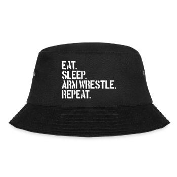Essen, Schlafen, Armdrücken, Wiederholen, Armdrück - Bucket Hat - Schwarz - Vorne - Lela (165cm)