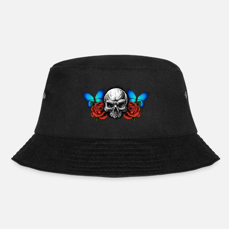 Totenkopf Totenschädel Rosen Blumen Schmetterling - Bucket Hat - Schwarz