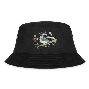 Blaumeise auf Zweig Liebevolle Aquarellzeichnung - Bucket Hat - Schwarz - Vorne - Lela (165cm)