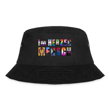 Buntes Schriftzug Pride T Shirt "Im Herzen Mensch" - Bucket Hat - Schwarz - Vorne - Lela (165cm)