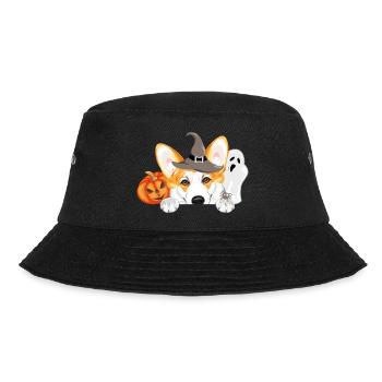 Lugpender Corgi-Hund mit Geist und Halloween-Kürbis - Bucket Hat - Schwarz - Vorne - Lela (165cm)