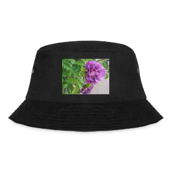 Rosenblüte violett - grüne Blätter - Bucket Hat - Schwarz - Vorne - Lela (165cm)