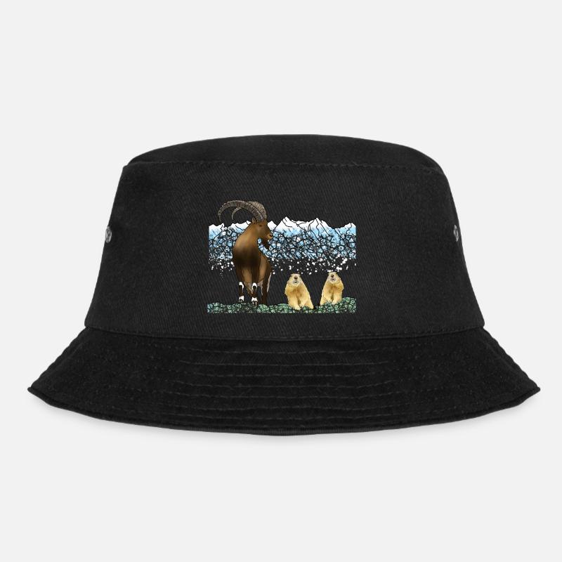 Steinbock, Murmeltiere, Berge - Bucket Hat - Schwarz