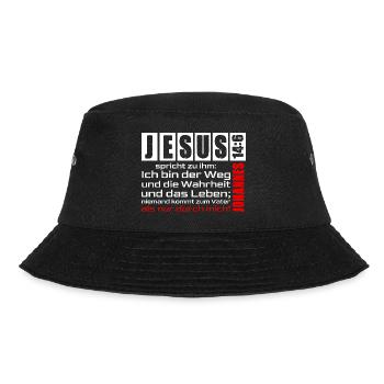 Jesus Christus Shirt Ich bin der Weg... Joh. 14:6 - Bucket Hat - Schwarz - Vorne - Lela (165cm)